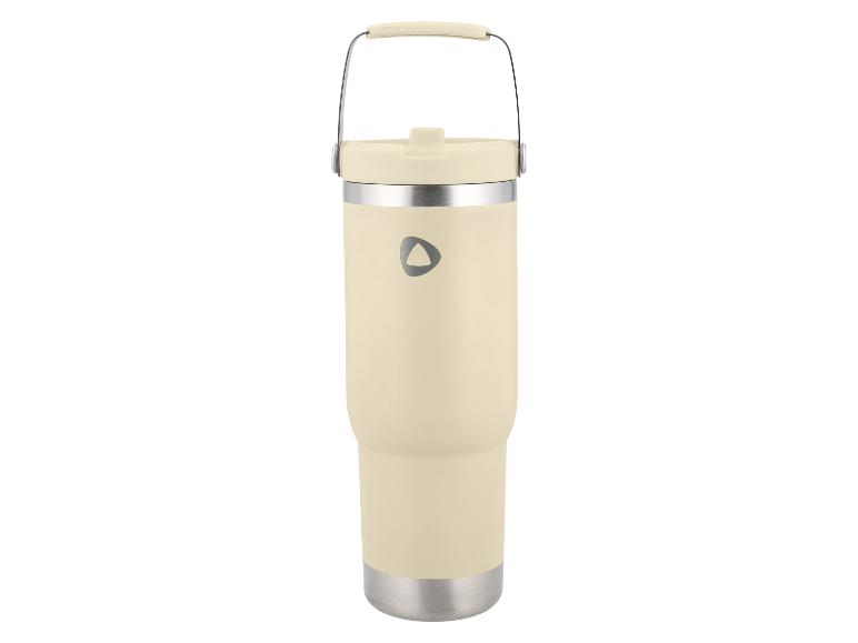 Thermos beige avec anse et base argentée, orné d'un logo triangulaire foncé