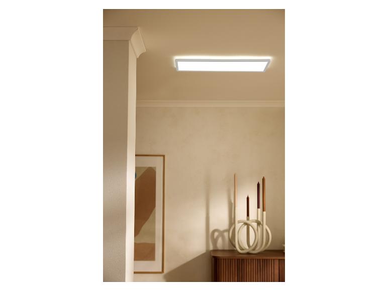 Plafonnier rectangulaire éclairant une pièce avec un chandelier et un tableau encadré.