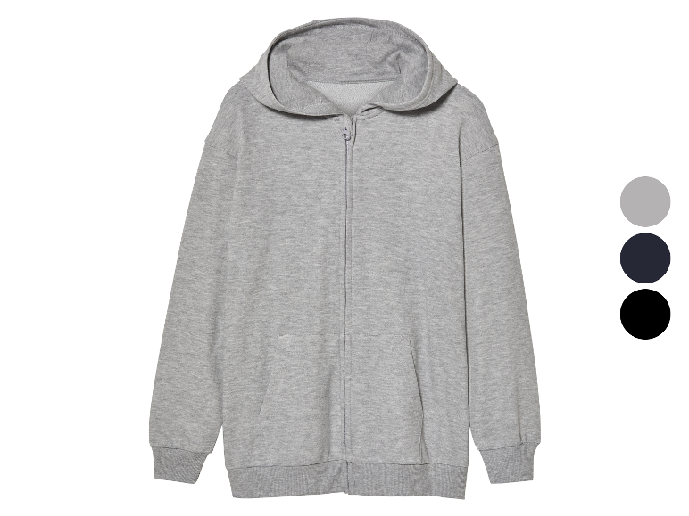 Sweat-shirt à capuche gris zippé, disponible en gris, noir et gris foncé.