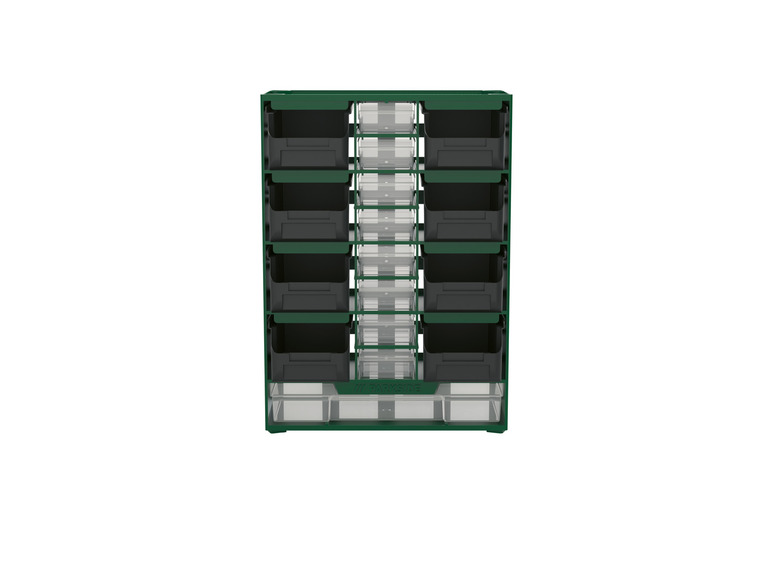 Une armoire de rangement verte avec des tiroirs noirs et transparents de Parkside.