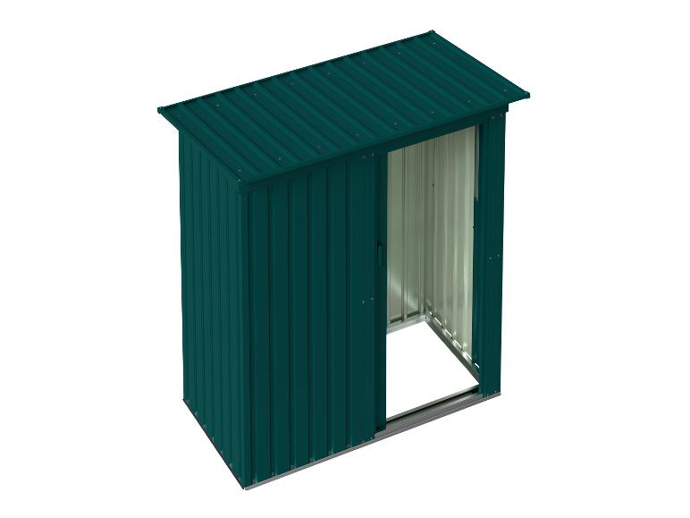 Abri de jardin métallique vert avec porte coulissante ouverte