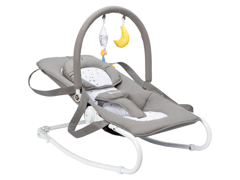 Transat bébé avec motif étoiles et arche de jeu.