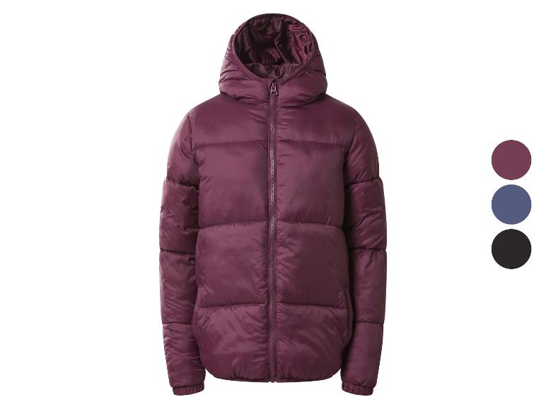 Doudoune violette à capuche, avec options de couleur : violet, bleu et noir.