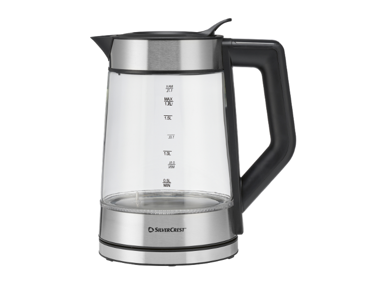Bouilloire électrique SilverCrest en verre et acier inoxydable, avec poignée noire et graduations.
