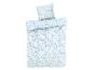 Parure de lit bleu clair à motifs floraux : drap, taie d'oreiller.