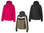 Trois vestes d'hiver : rose, noire et verte avec des bandes blanches et noires.