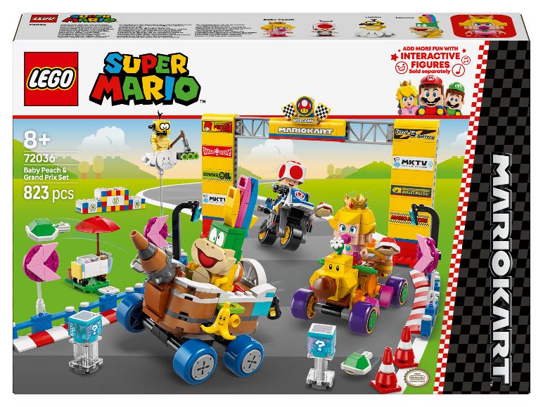 Ensemble LEGO Super Mario Kart avec Baby Peach et Bowser Jr. dans des karts de course.