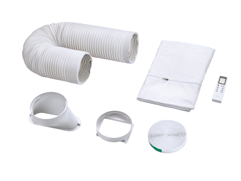 Accessoires de climatiseur : tuyau flexible, housse et télécommande.