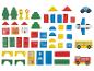 Blocs de construction en bois et véhicules, y compris maisons, arbres, panneaux de signalisation, voitures, bus et avion.