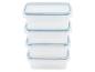 Quatre boîtes de rangement en plastique transparent avec des bords bleus, empilées