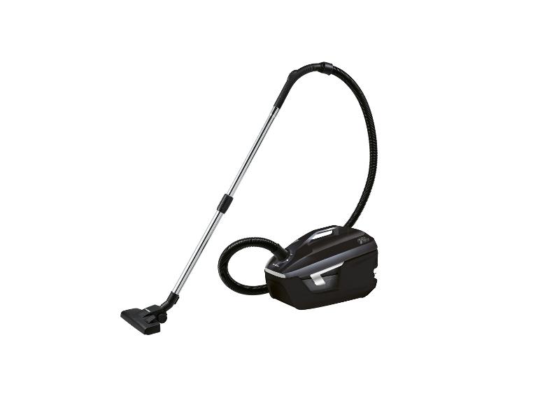 Un aspirateur noir de la marque Siemens avec un tube télescopique.