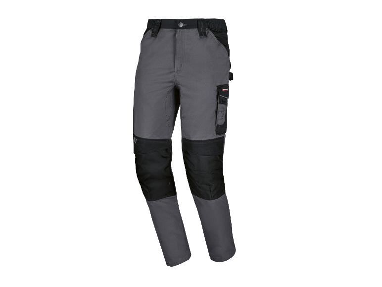 Pantalon de travail gris et noir avec plusieurs poches et genoux renforcés.