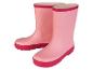 Deux bottes de pluie roses avec des bordures rouges.