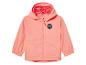 Une veste rose à capuche pour enfants avec un logo 'Fun is there hiking together'.