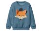 Pull bleu pour enfant avec imprimé renard portant un bonnet.