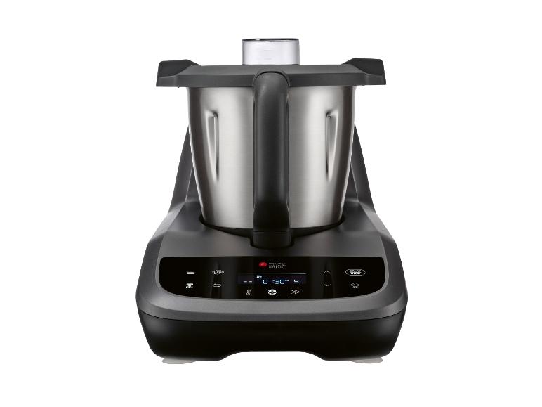 Robot de cuisine avec bol en acier inoxydable et panneau de commande avec écran.