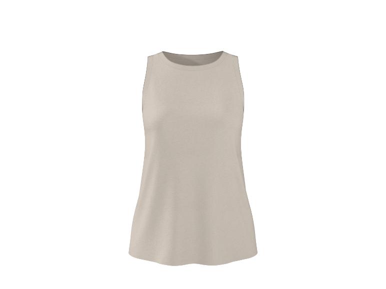 Débardeur femme beige sans manches sur fond blanc.