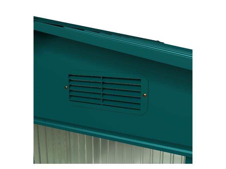 Toit de cabanon vert avec ventilation et murs métalliques.