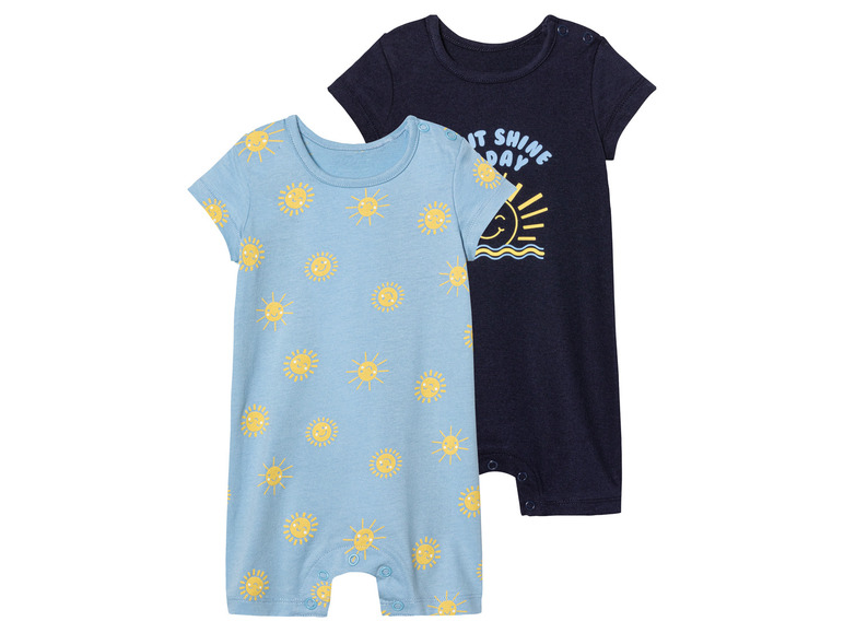 Deux bodys pour bébé à manches courtes, l'un avec un imprimé soleil et l'autre avec le texte 'Let it shine'