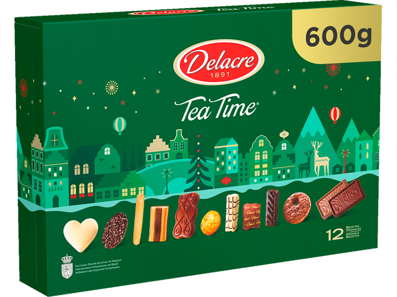 Boîte verte de biscuits et chocolats assortis, 600g, avec une illustration de village festif.