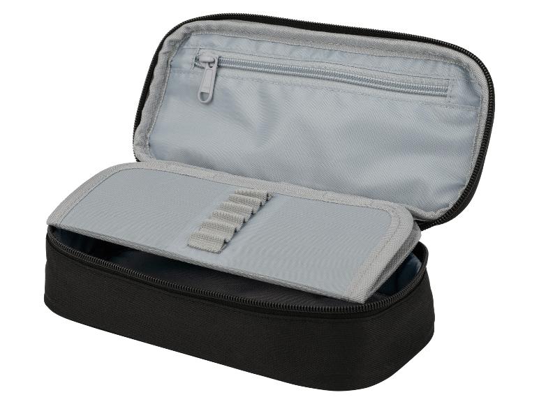 Trousse noire ouverte avec compartiments intérieurs gris et fermeture éclair