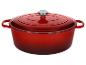 Cocotte en fonte émaillée rouge avec couvercle et bouton argenté.