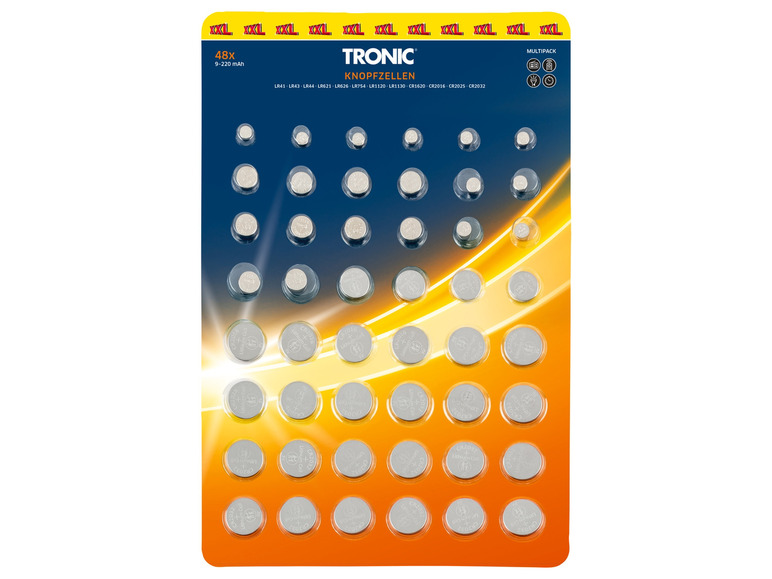 48 piles bouton Tronic en plusieurs tailles.