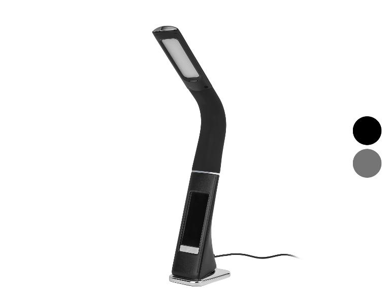 Lampe de bureau LED noire avec base et panneau tactile, avec deux échantillons de couleur.