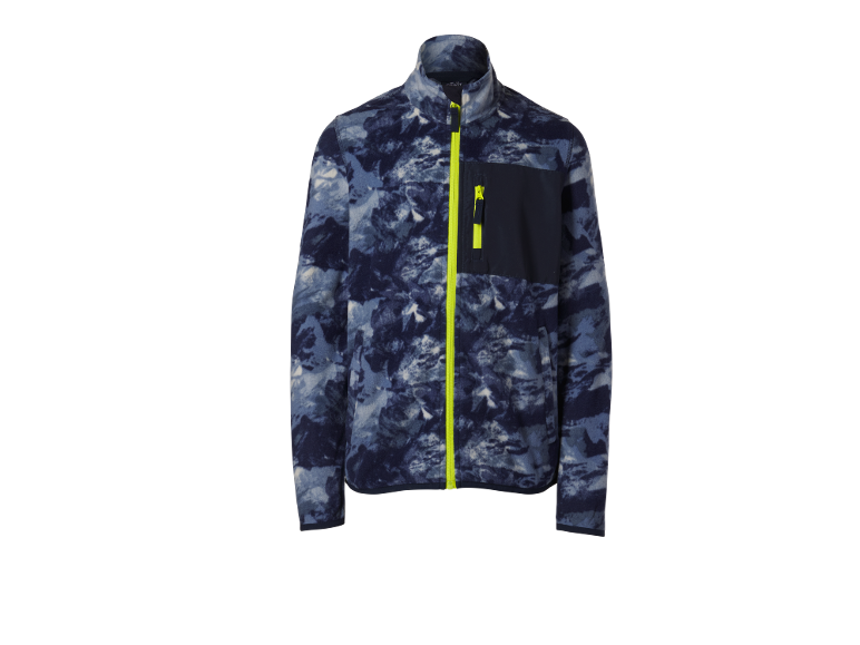Polaire à motif camouflage bleu avec fermeture éclair et poche poitrine jaune fluo.