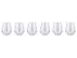 Six verres à vin sans pied transparents alignés.