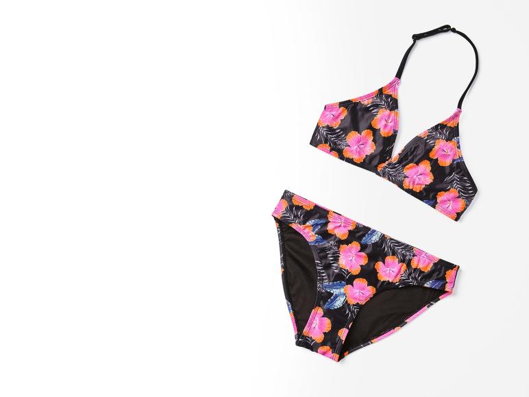 Bikini noir à fleurs tropicales : haut de maillot de bain triangle et bas échancré.