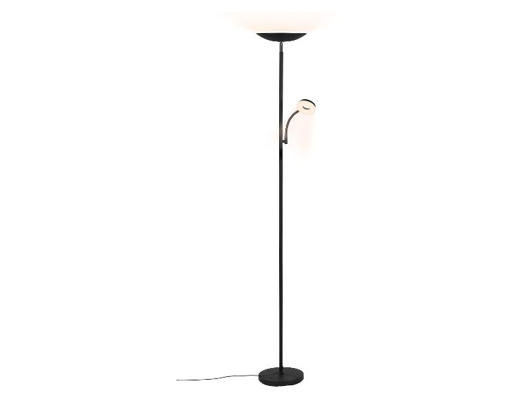 Lampadaire noir avec lumière principale et une lampe de lecture flexible.