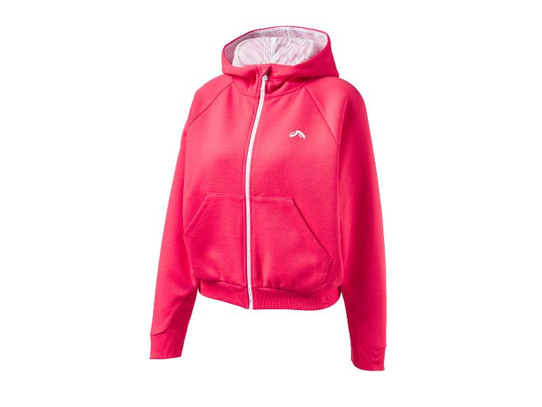 Sweat à capuche rose entièrement zippé avec un logo blanc sur la poitrine et une capuche doublée de maille blanche.