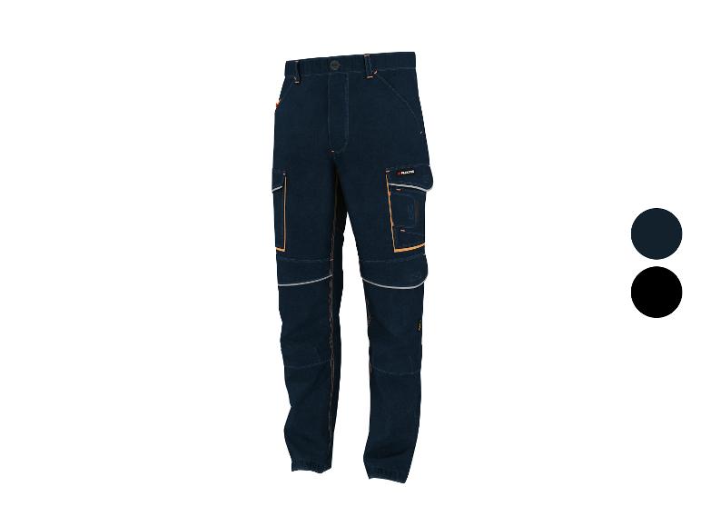 Pantalon de travail Parkside en jean foncé avec détails orange et réflecteurs.
