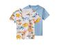Deux t-shirts enfant à manches courtes : un avec dinosaures, l'autre bleu clair.