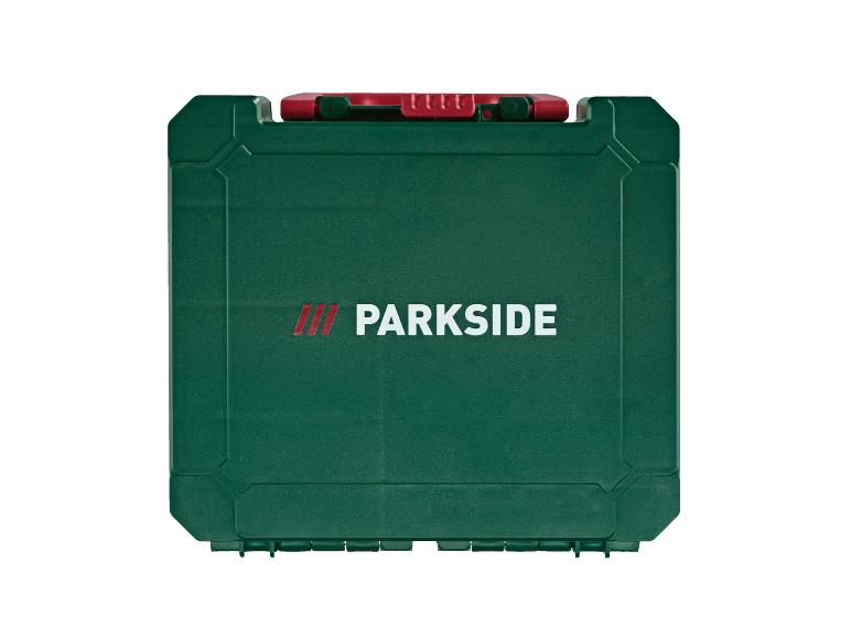 Boîte à outils verte Parkside avec fermeture rouge.