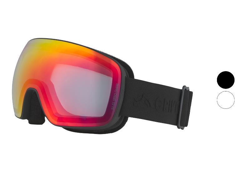 Masque de ski noir avec des lentilles réfléchissantes rouges et jaunes.