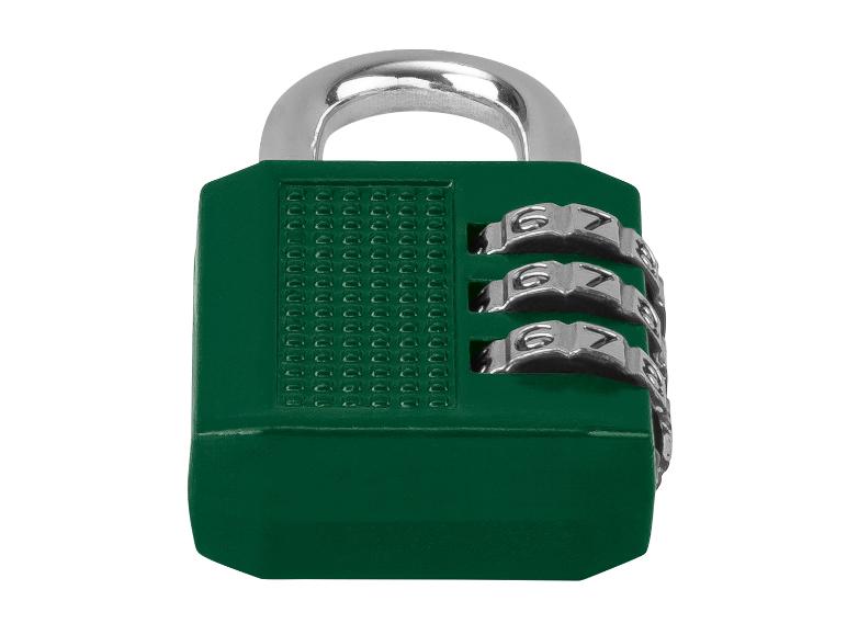 Cadenas à combinaison vert avec trois molettes numériques et anse métallique.