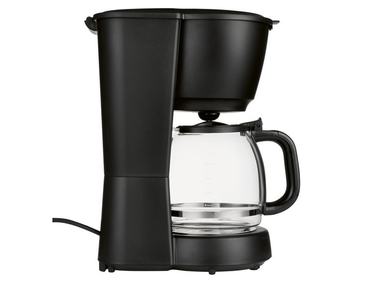 Une cafetière noire avec une carafe en verre.