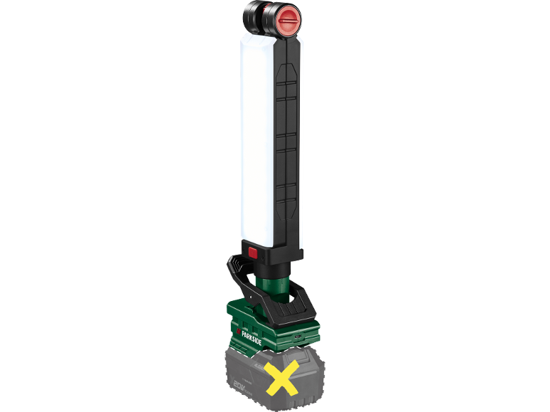 Lampe de travail LED sans fil avec batterie amovible (marquée d'un X).