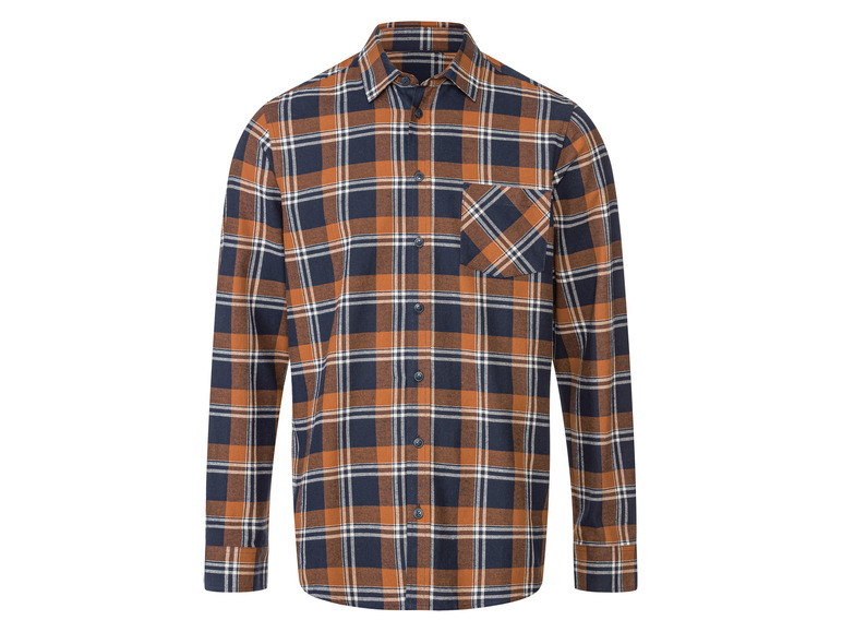 Une chemise à manches longues à carreaux bleus et orange.