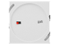 Objet rond blanc avec bouton rouge et noir, texte «ATTEN Raucht aus».