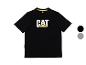 T-shirt noir à manches courtes, avec un grand logo blanc et jaune sur la poitrine.