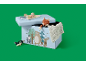 Banc de rangement pour enfants bleu clair avec animaux de la forêt, jouets et couverture.