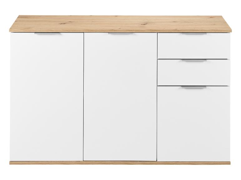 Buffet blanc avec trois portes et trois tiroirs, avec plateau et base effet bois.