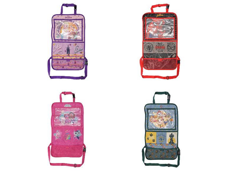 Quatre organisateurs de siège de voiture : thèmes La Reine des Neiges, Spider-Man, Gabby et la maison magique, et Pat' Patrouille.