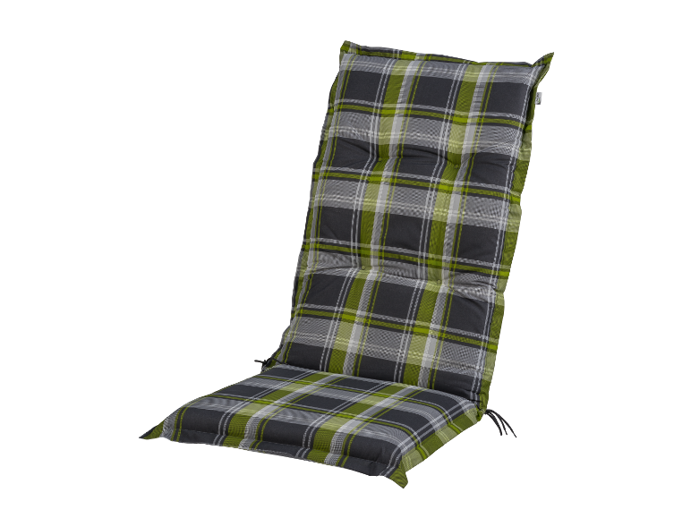 Coussin de jardin à carreaux verts et gris.