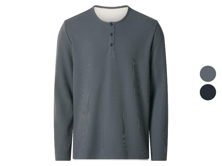 T-shirt Henley gris à manches longues pour homme en tissu gaufré avec boutons, disponible en deux teintes.