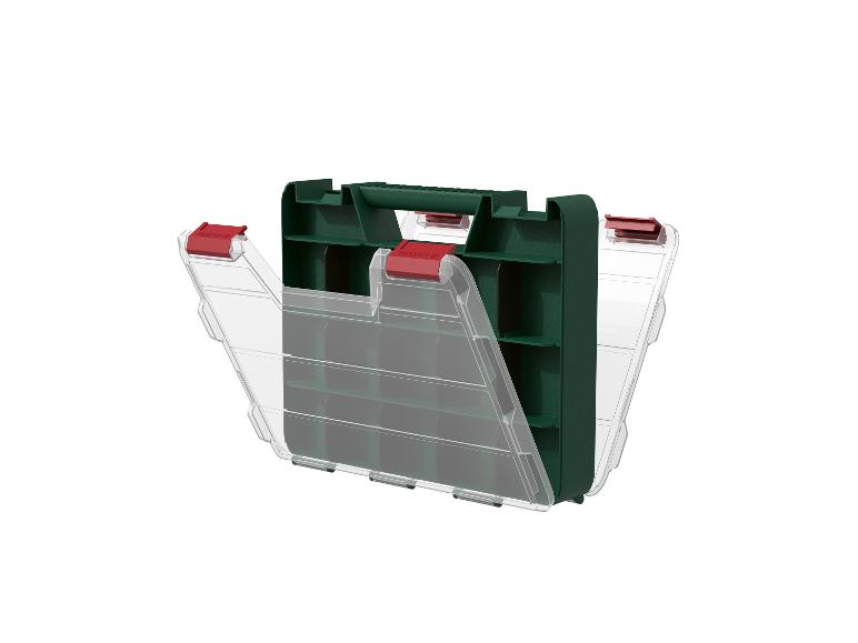 Boîte de rangement en plastique verte et transparente ouverte avec loquets rouges
