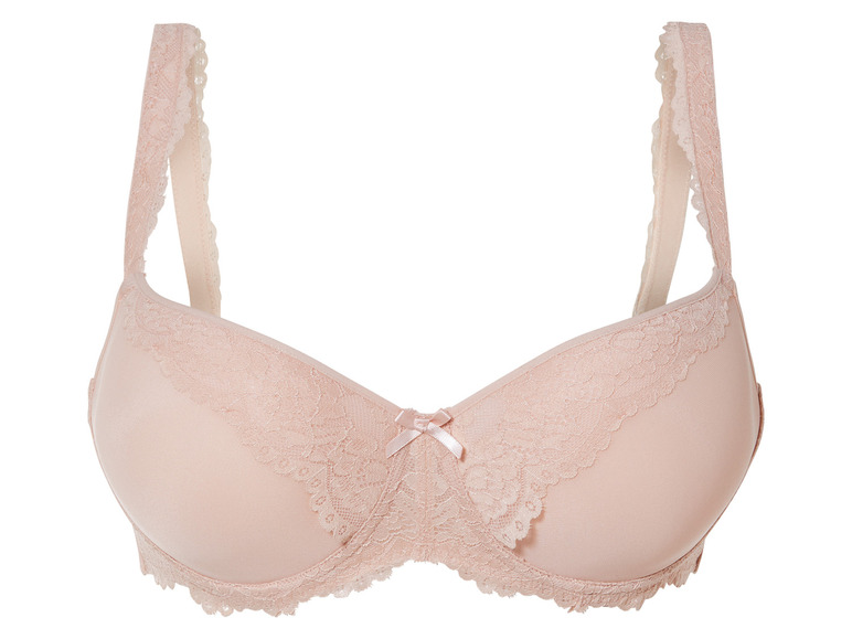 Un soutien-gorge rose avec de la dentelle et un nœud.